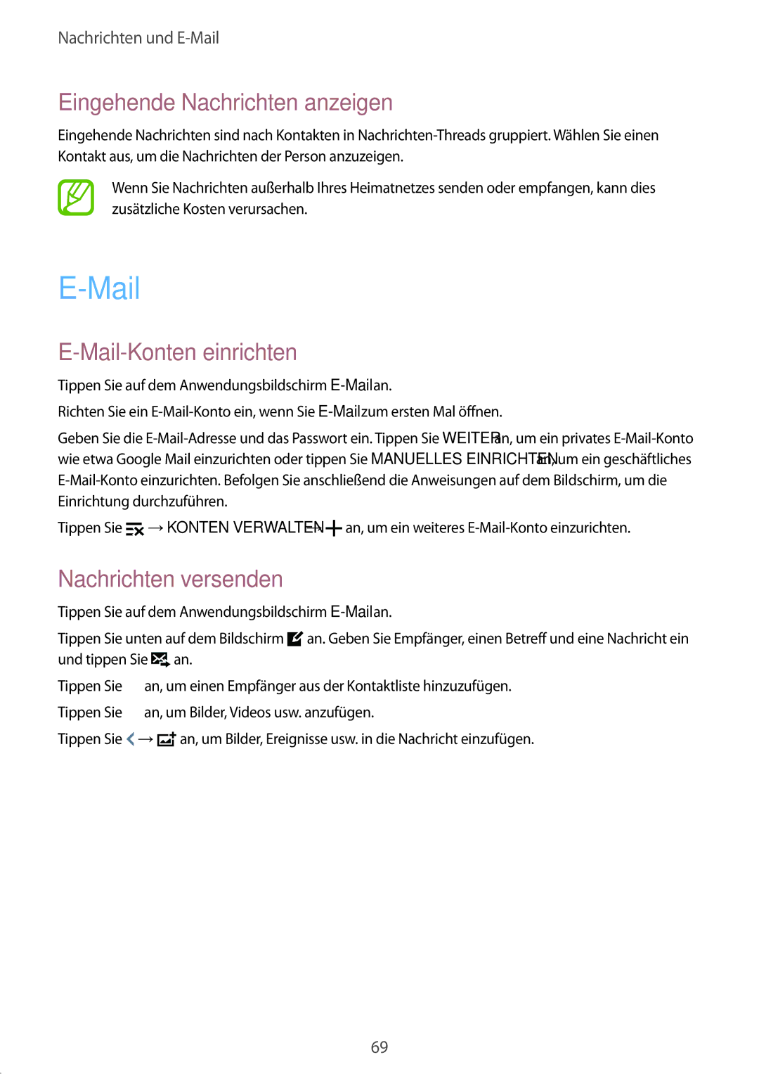 Samsung SM-G900FZBADBT, SM-G900FZKADBT, SM-G900FZWADBT manual Eingehende Nachrichten anzeigen, Mail-Konten einrichten 