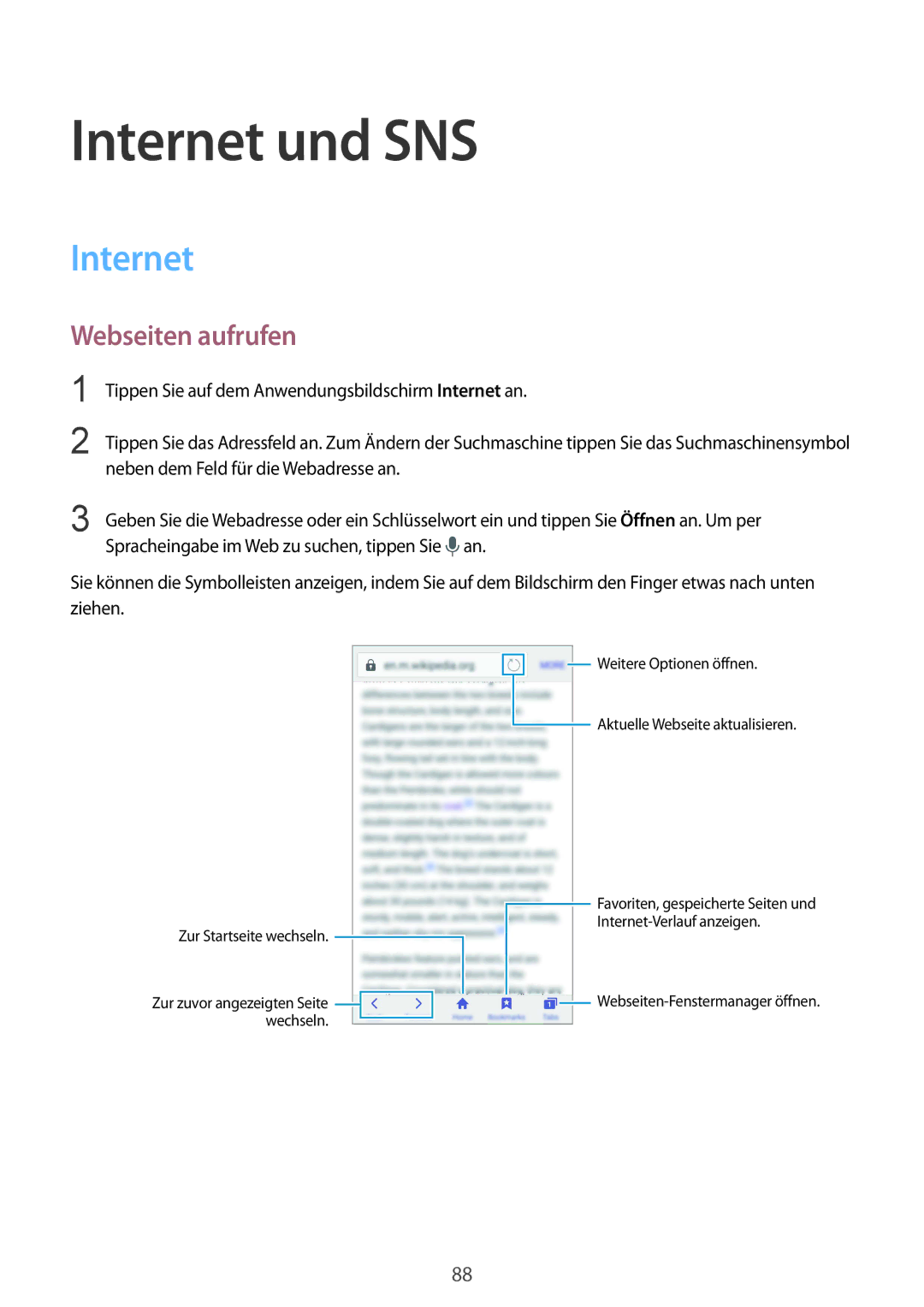 Samsung SM-G900FZKADBT, SM-G900FZBADBT, SM-G900FZWADBT, SM-G900FZDADBT manual Internet und SNS, Webseiten aufrufen 