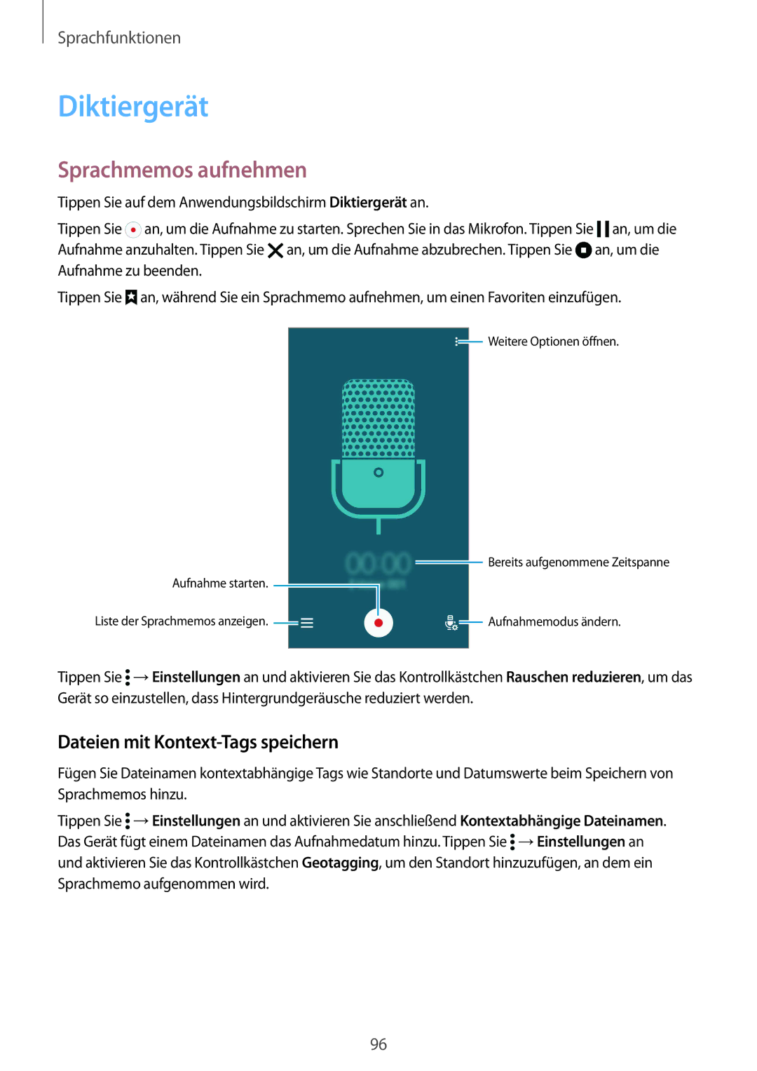 Samsung SM-G900FZKADBT, SM-G900FZBADBT manual Diktiergerät, Sprachmemos aufnehmen, Dateien mit Kontext-Tags speichern 