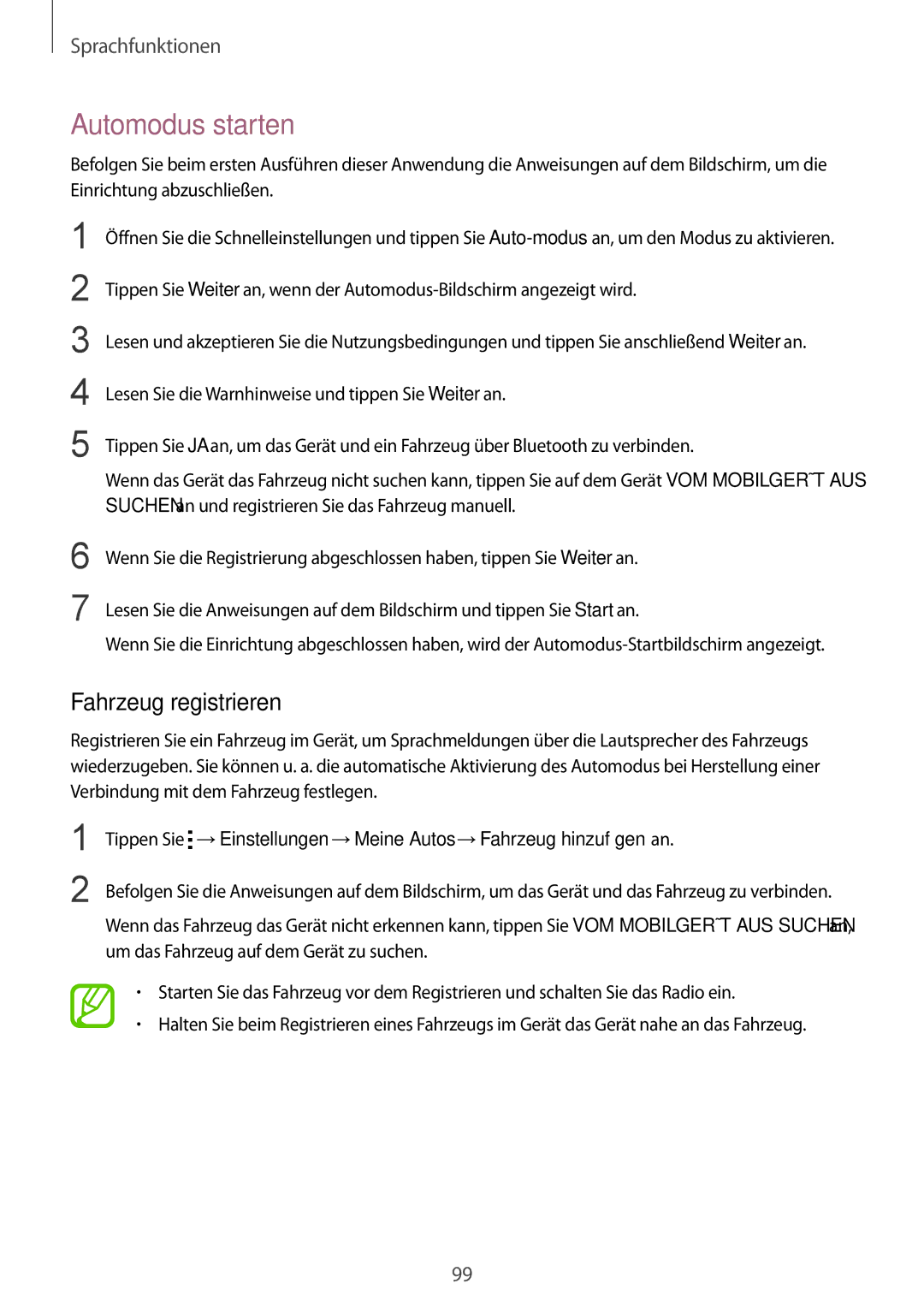 Samsung SM-G900FZDADBT, SM-G900FZKADBT, SM-G900FZBADBT, SM-G900FZWADBT manual Automodus starten, Fahrzeug registrieren 