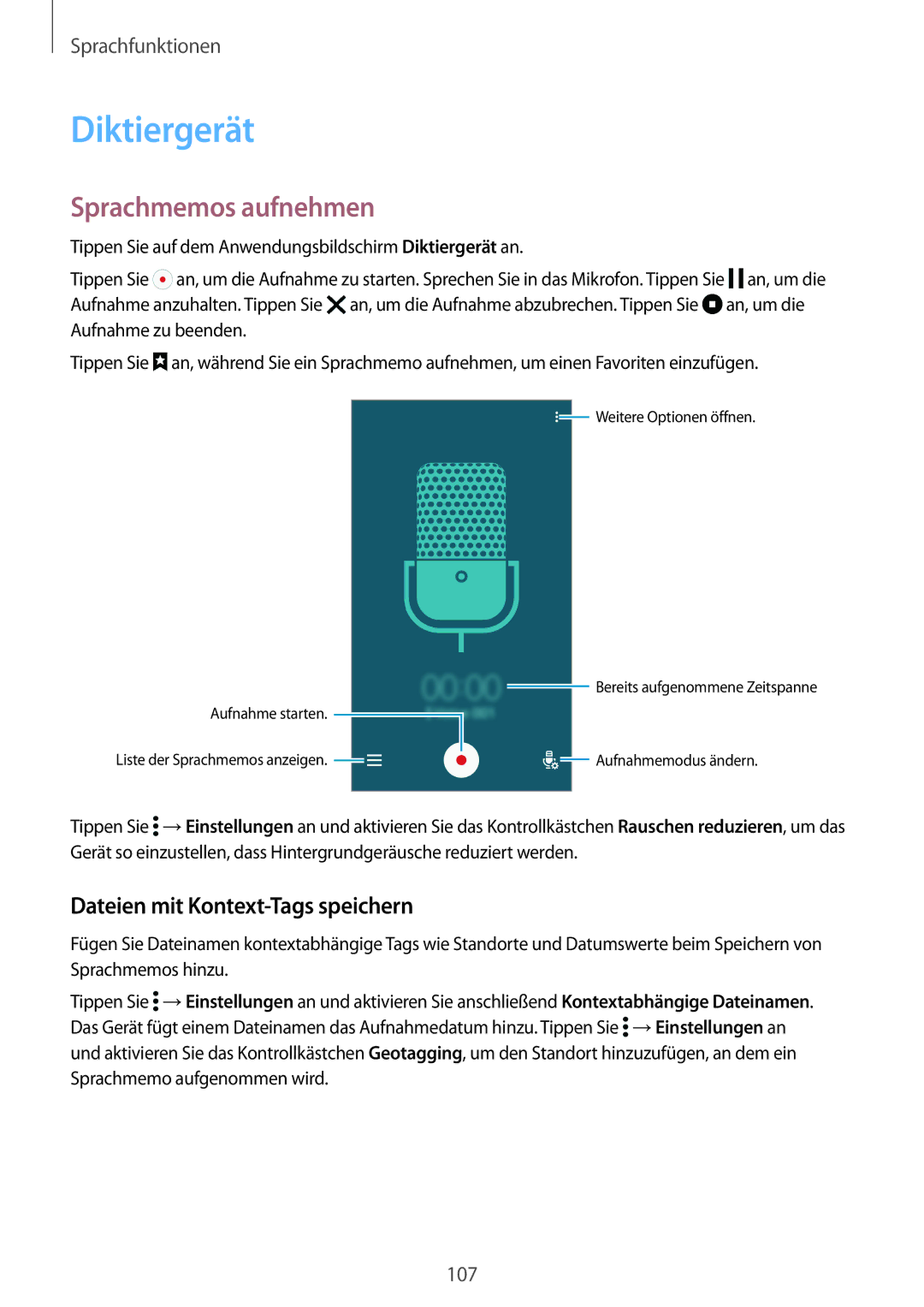 Samsung SM-G900FZDADBT, SM-G900FZKADBT manual Diktiergerät, Sprachmemos aufnehmen, Dateien mit Kontext-Tags speichern 