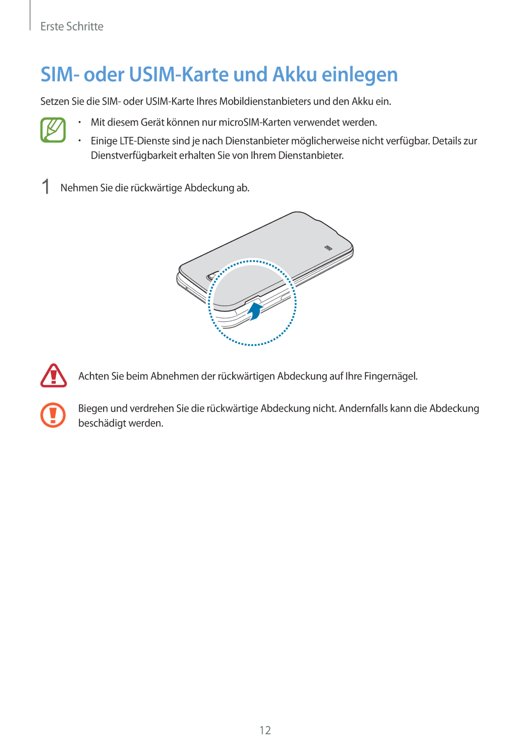 Samsung SM-G900FZKADBT, SM-G900FZBADBT, SM-G900FZWADBT, SM-G900FZDADBT manual SIM- oder USIM-Karte und Akku einlegen 