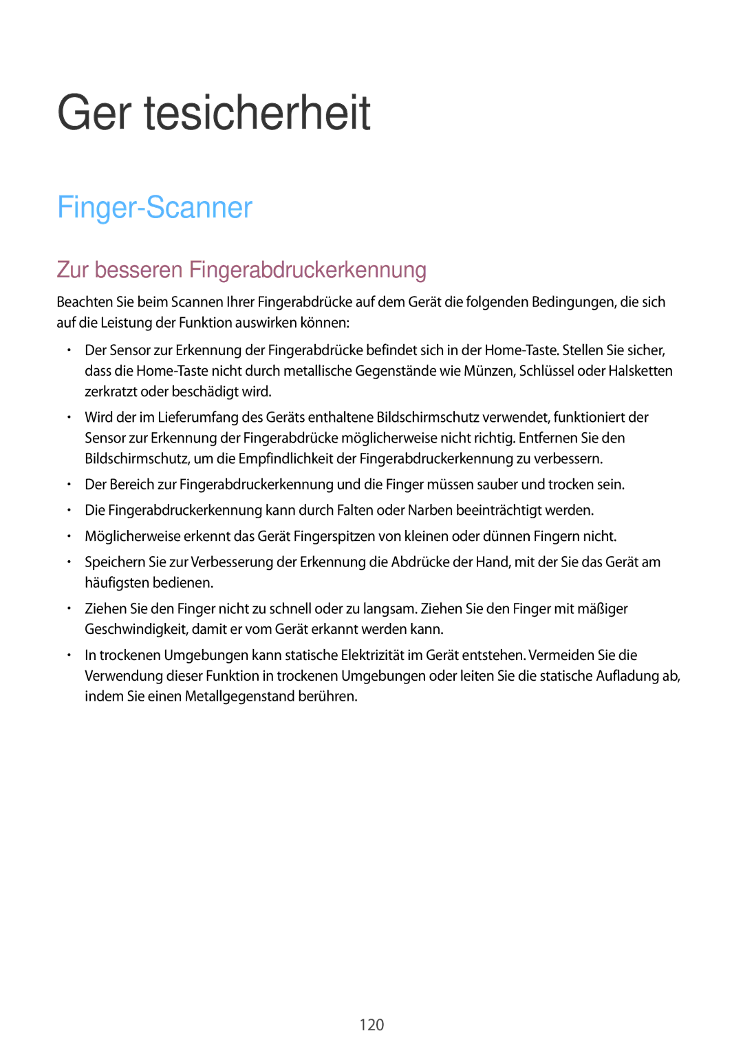 Samsung SM-G900FZKADBT, SM-G900FZBADBT manual Gerätesicherheit, Finger-Scanner, Zur besseren Fingerabdruckerkennung 