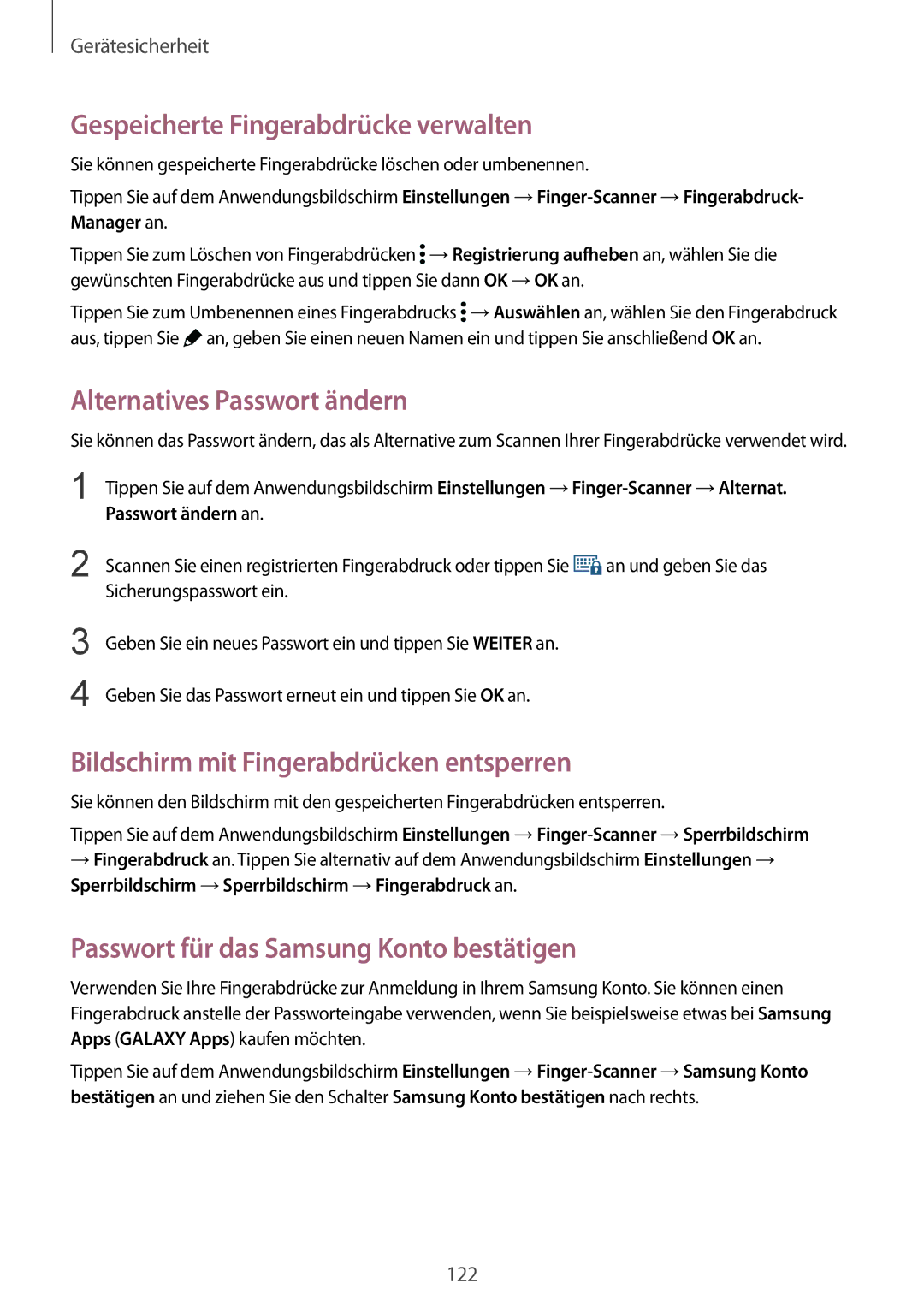 Samsung SM-G900FZWADBT, SM-G900FZKADBT, SM-G900FZBADBT Gespeicherte Fingerabdrücke verwalten, Alternatives Passwort ändern 