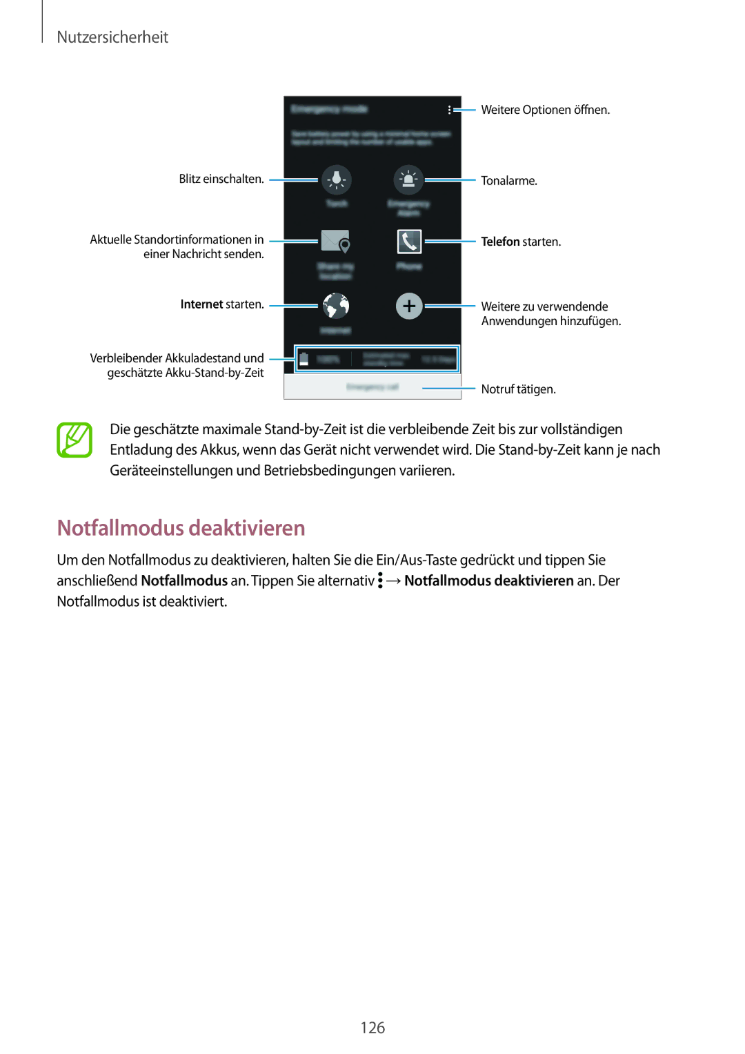 Samsung SM-G900FZWADBT, SM-G900FZKADBT, SM-G900FZBADBT, SM-G900FZDADBT manual Notfallmodus deaktivieren, Nutzersicherheit 