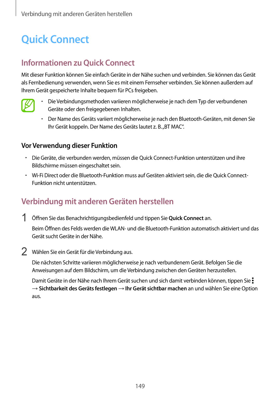 Samsung SM-G900FZBADBT, SM-G900FZKADBT manual Informationen zu Quick Connect, Verbindung mit anderen Geräten herstellen 