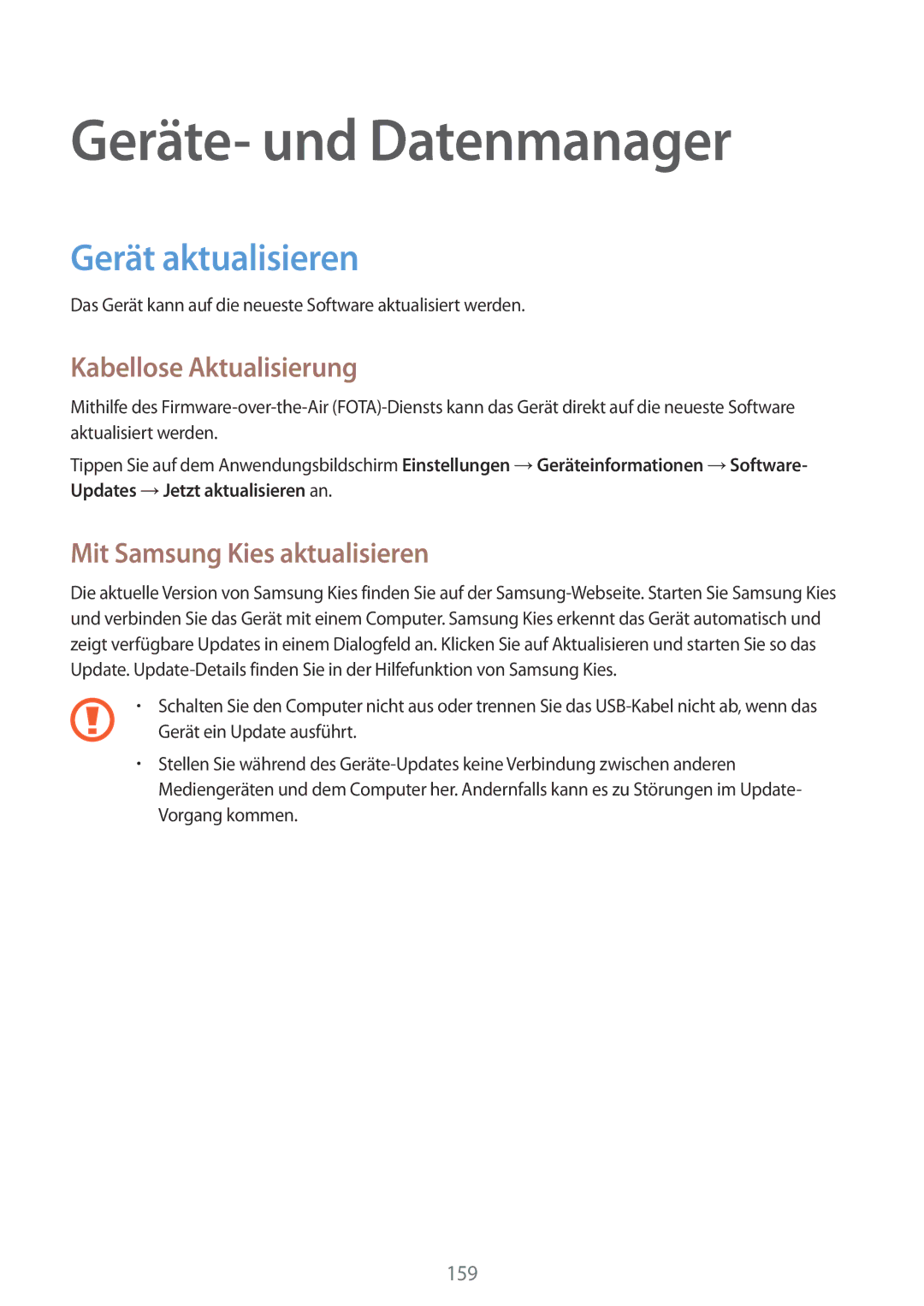 Samsung SM-G900FZDADBT, SM-G900FZKADBT manual Geräte- und Datenmanager, Gerät aktualisieren, Kabellose Aktualisierung 