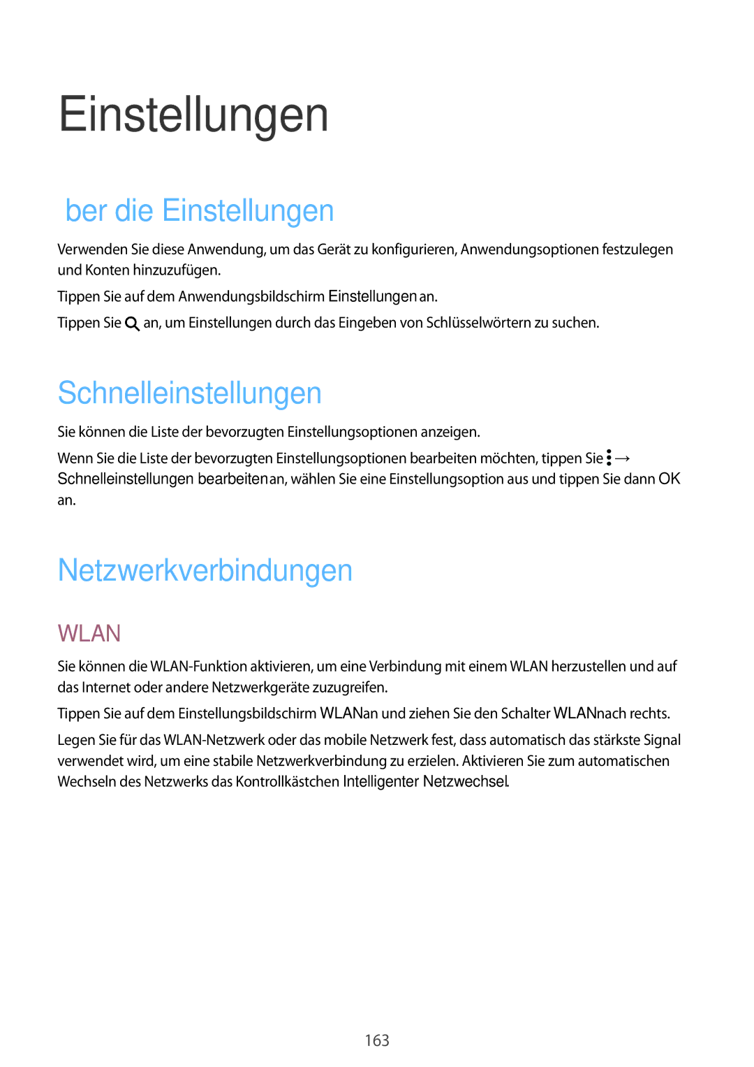 Samsung SM-G900FZDADBT, SM-G900FZKADBT manual Über die Einstellungen, Schnelleinstellungen, Netzwerkverbindungen 
