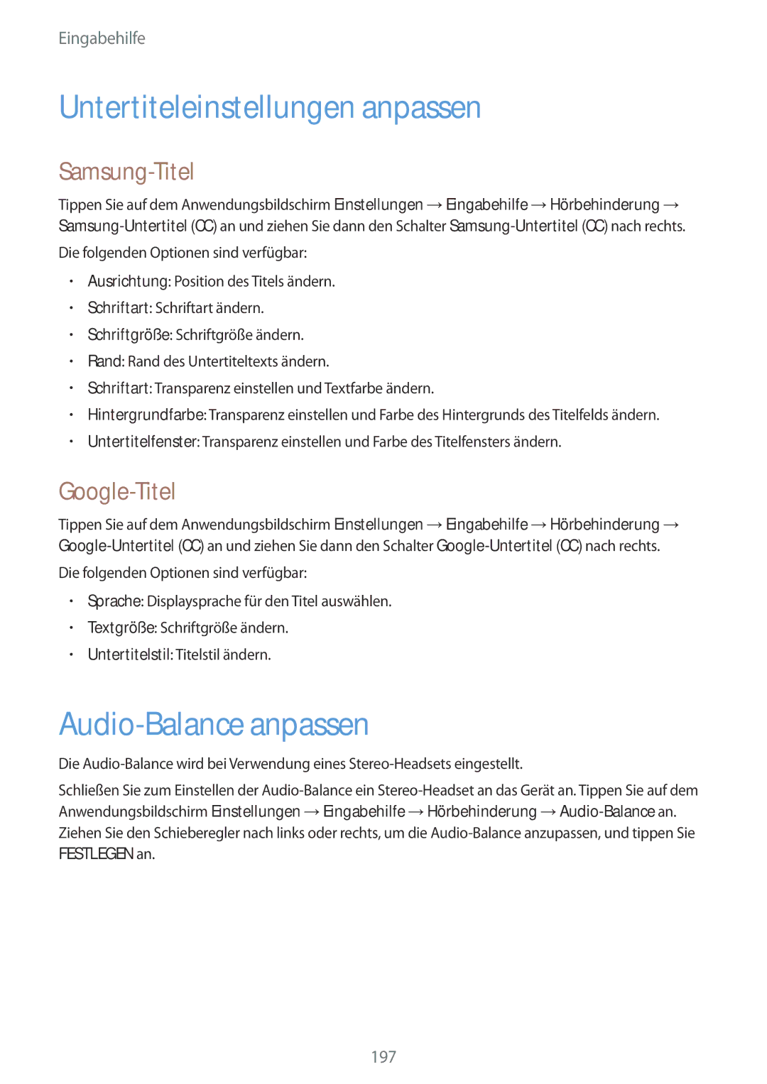 Samsung SM-G900FZBADBT Untertiteleinstellungen anpassen, Audio-Balance anpassen, Samsung-Titel, Google-Titel, Festlegen an 