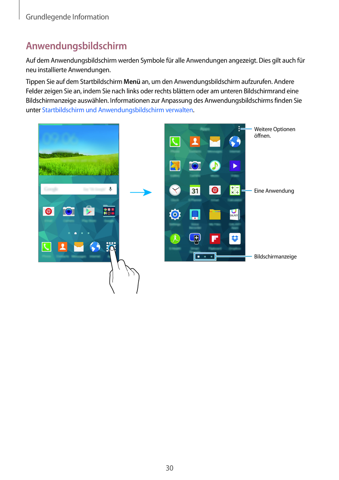 Samsung SM-G900FZWADBT, SM-G900FZKADBT, SM-G900FZBADBT, SM-G900FZDADBT manual Anwendungsbildschirm 