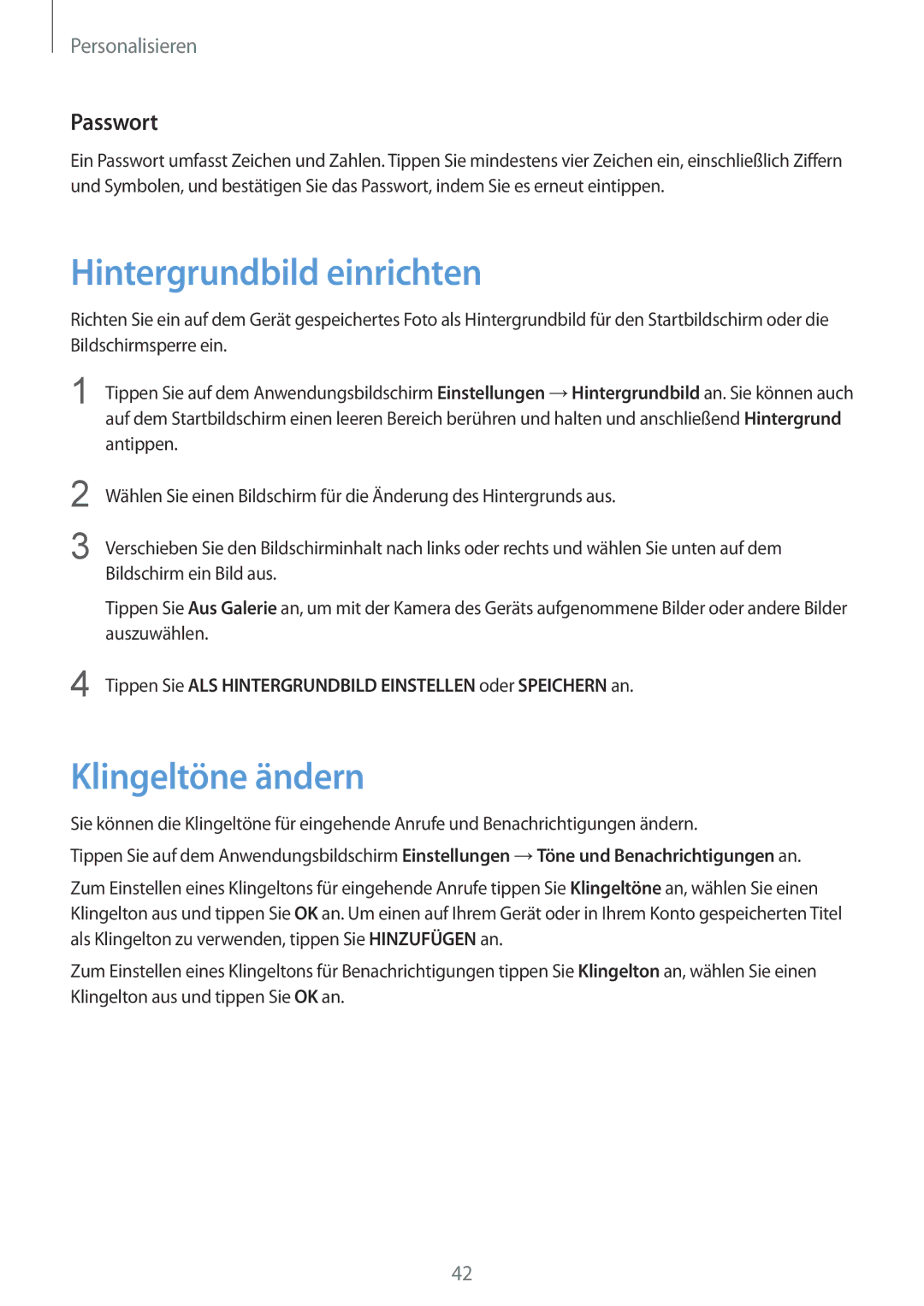 Samsung SM-G900FZWADBT, SM-G900FZKADBT, SM-G900FZBADBT manual Hintergrundbild einrichten, Klingeltöne ändern, Passwort 