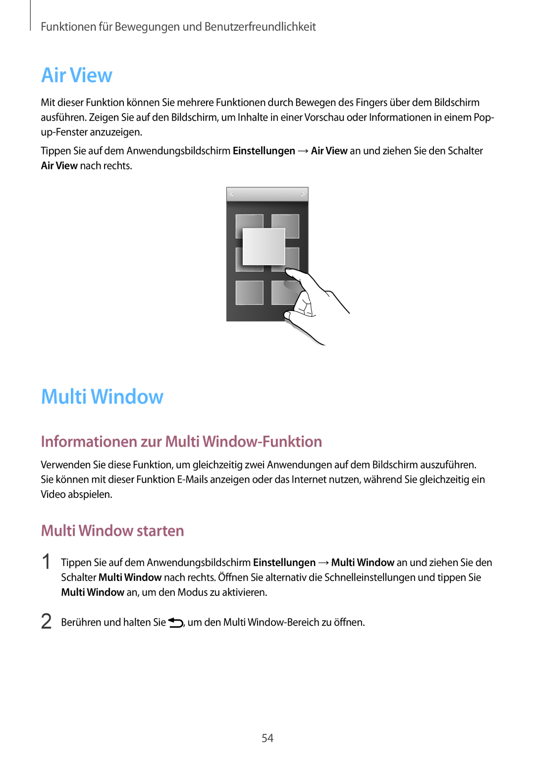 Samsung SM-G900FZWADBT, SM-G900FZKADBT manual Air View, Informationen zur Multi Window-Funktion, Multi Window starten 