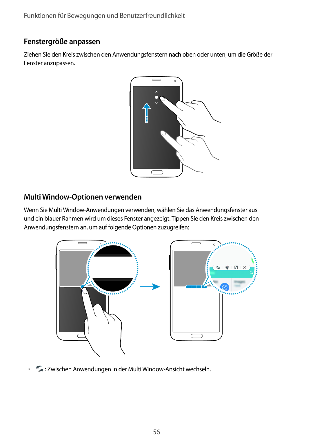Samsung SM-G900FZKADBT, SM-G900FZBADBT, SM-G900FZWADBT manual Fenstergröße anpassen, Multi Window-Optionen verwenden 