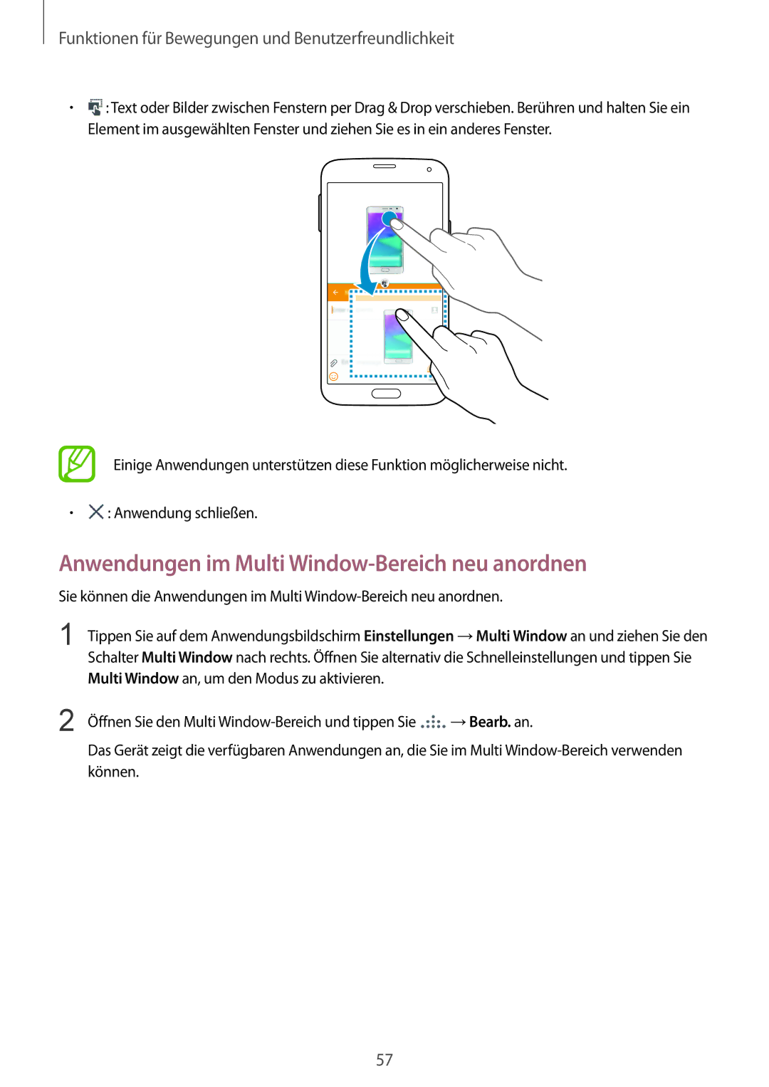 Samsung SM-G900FZBADBT, SM-G900FZKADBT, SM-G900FZWADBT, SM-G900FZDADBT manual Anwendungen im Multi Window-Bereich neu anordnen 