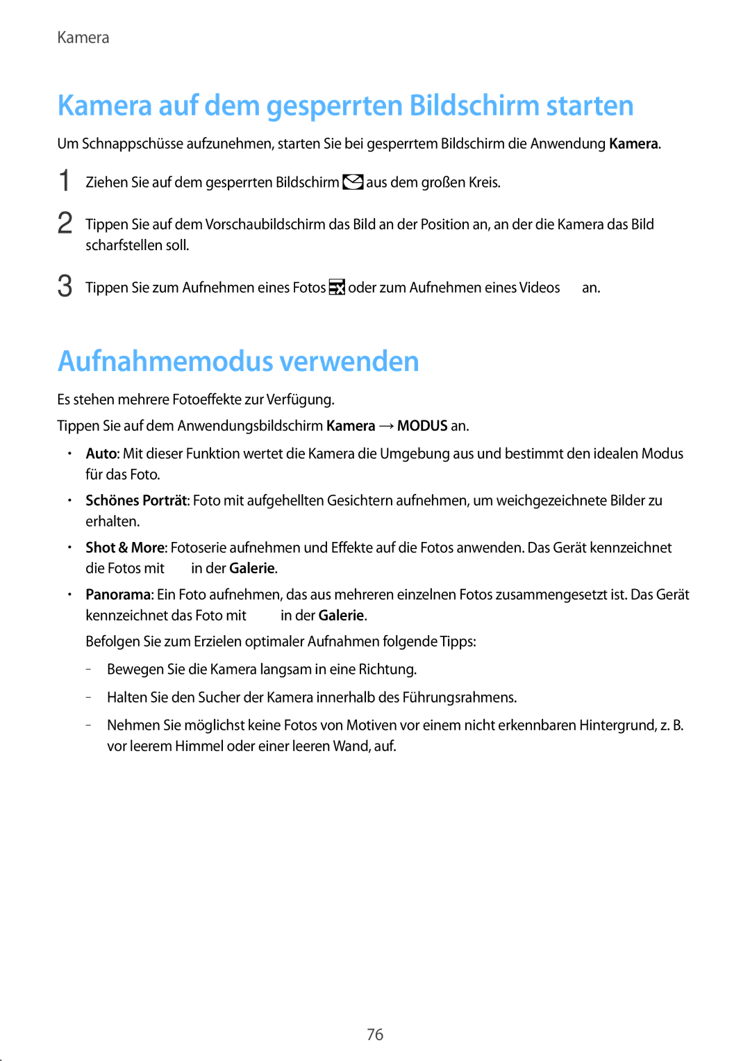 Samsung SM-G900FZKADBT, SM-G900FZBADBT manual Kamera auf dem gesperrten Bildschirm starten, Aufnahmemodus verwenden 