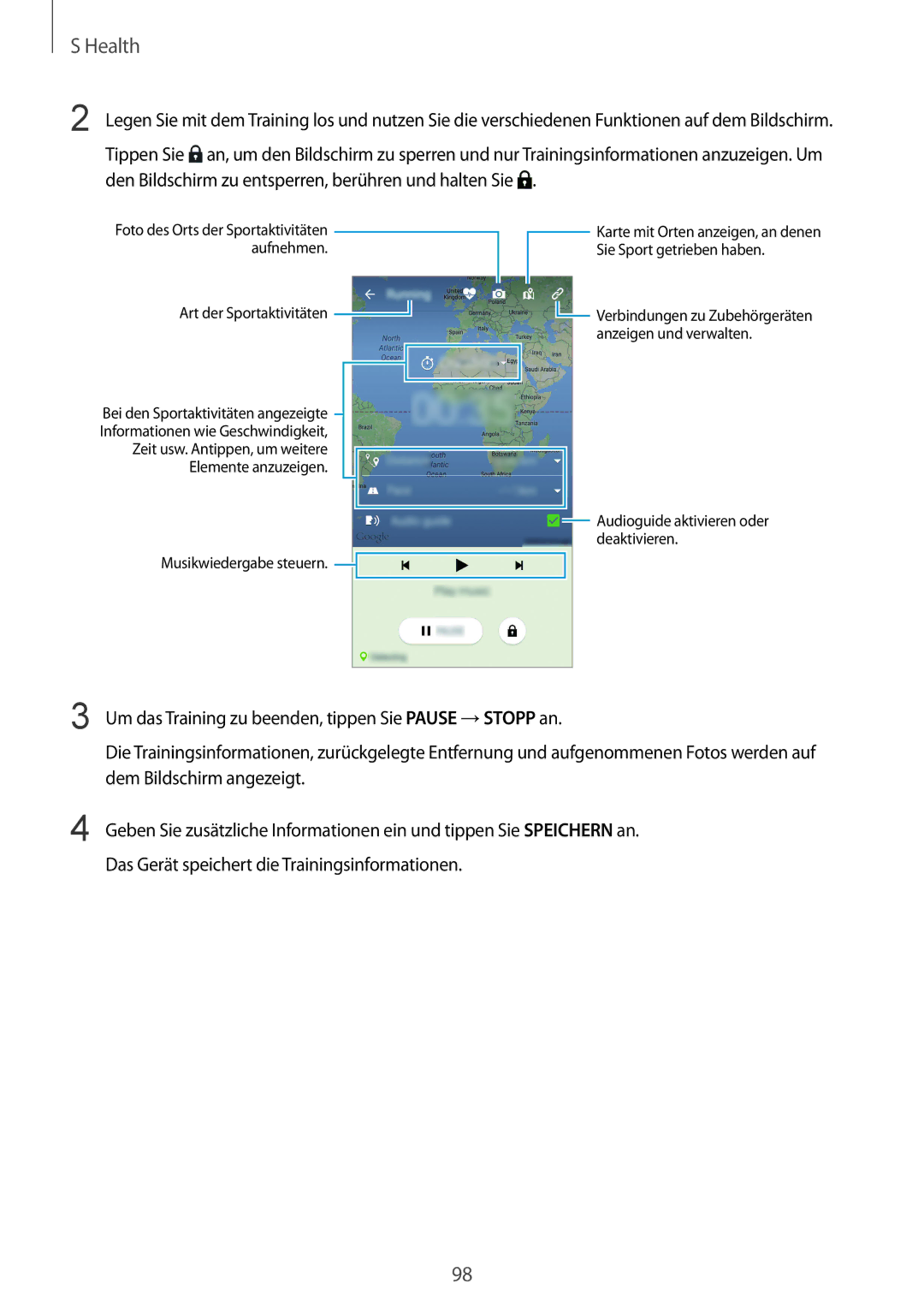 Samsung SM-G900FZWADBT, SM-G900FZKADBT, SM-G900FZBADBT manual Um das Training zu beenden, tippen Sie Pause →STOPP an 