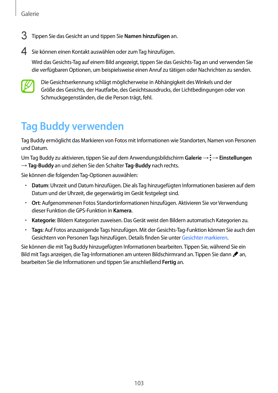 Samsung SM-G900FZDADBT, SM-G900FZKADBT, SM-G900FZBADBT, SM-G900FZWADBT manual Tag Buddy verwenden 