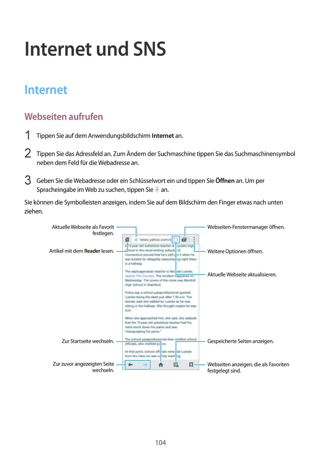 Samsung SM-G900FZKADBT, SM-G900FZBADBT, SM-G900FZWADBT, SM-G900FZDADBT manual Internet und SNS, Webseiten aufrufen 