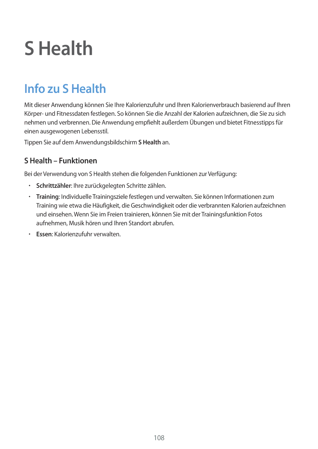 Samsung SM-G900FZKADBT, SM-G900FZBADBT, SM-G900FZWADBT, SM-G900FZDADBT manual Info zu S Health, Health Funktionen 