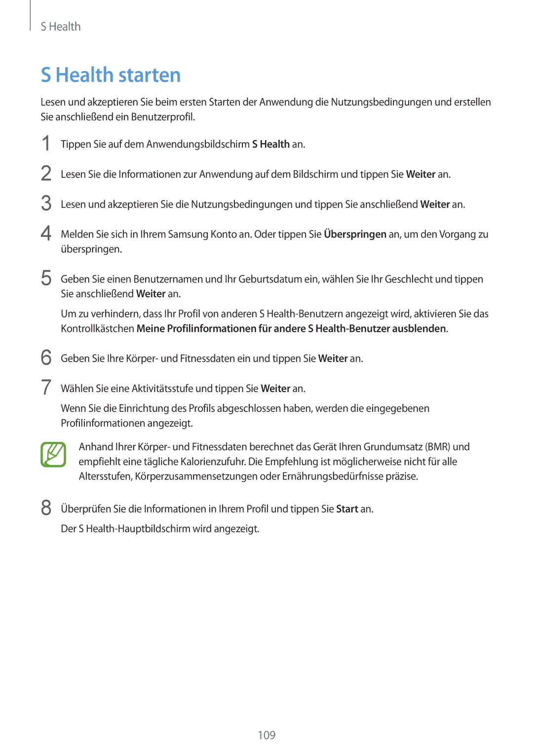 Samsung SM-G900FZBADBT, SM-G900FZKADBT, SM-G900FZWADBT, SM-G900FZDADBT manual Health starten 