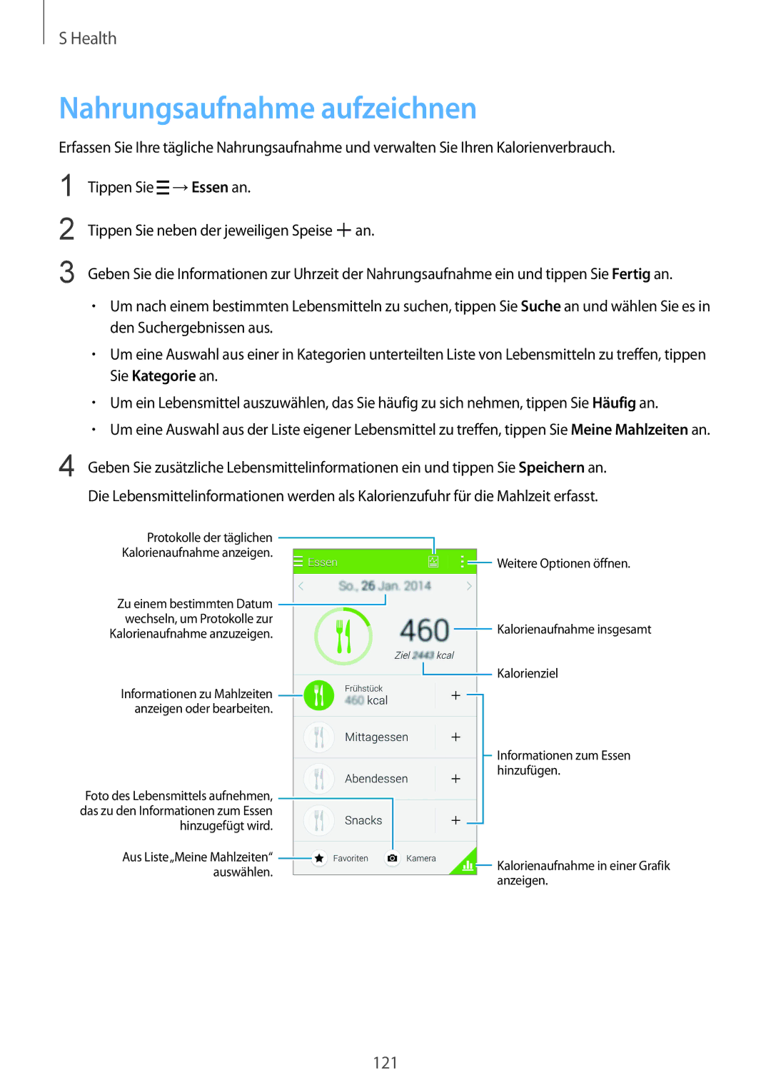 Samsung SM-G900FZBADBT, SM-G900FZKADBT, SM-G900FZWADBT manual Nahrungsaufnahme aufzeichnen, Kalorienaufnahme anzuzeigen 