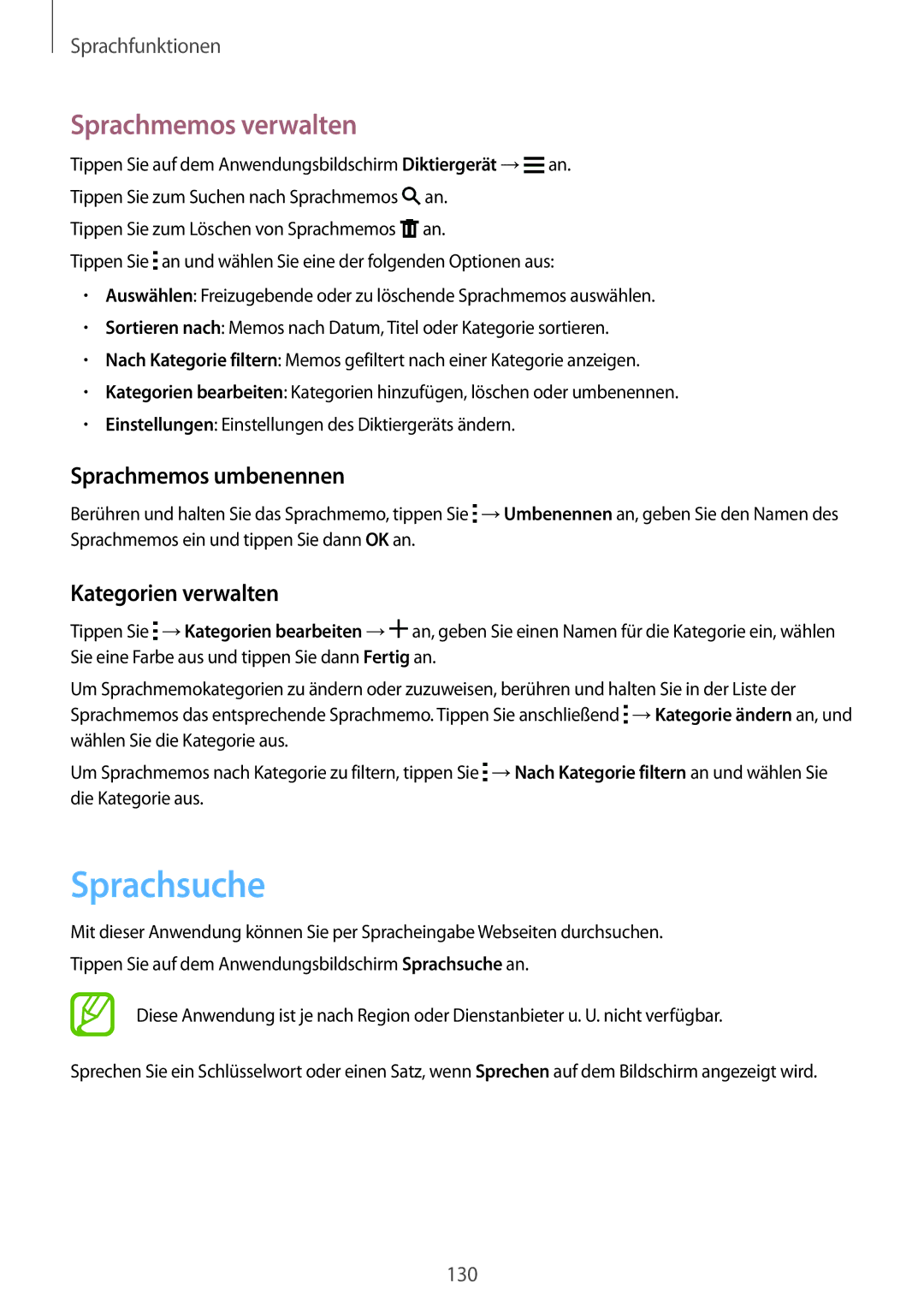 Samsung SM-G900FZWADBT, SM-G900FZKADBT Sprachsuche, Sprachmemos verwalten, Sprachmemos umbenennen, Kategorien verwalten 