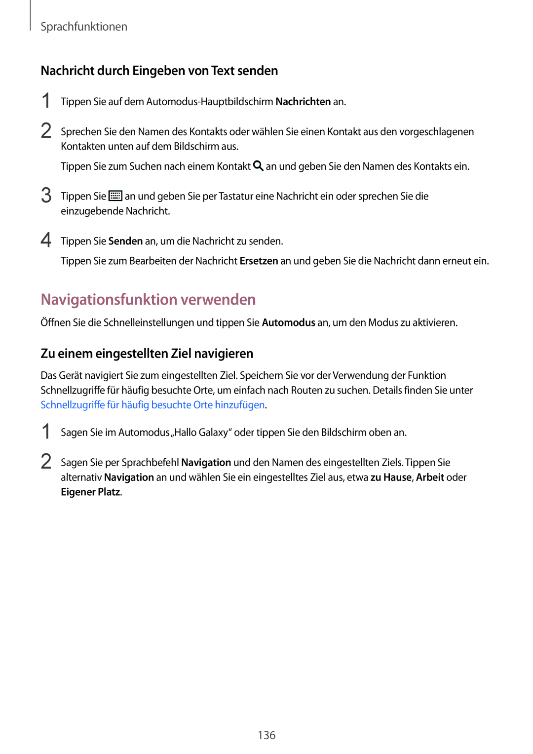 Samsung SM-G900FZKADBT, SM-G900FZBADBT manual Navigationsfunktion verwenden, Nachricht durch Eingeben von Text senden 