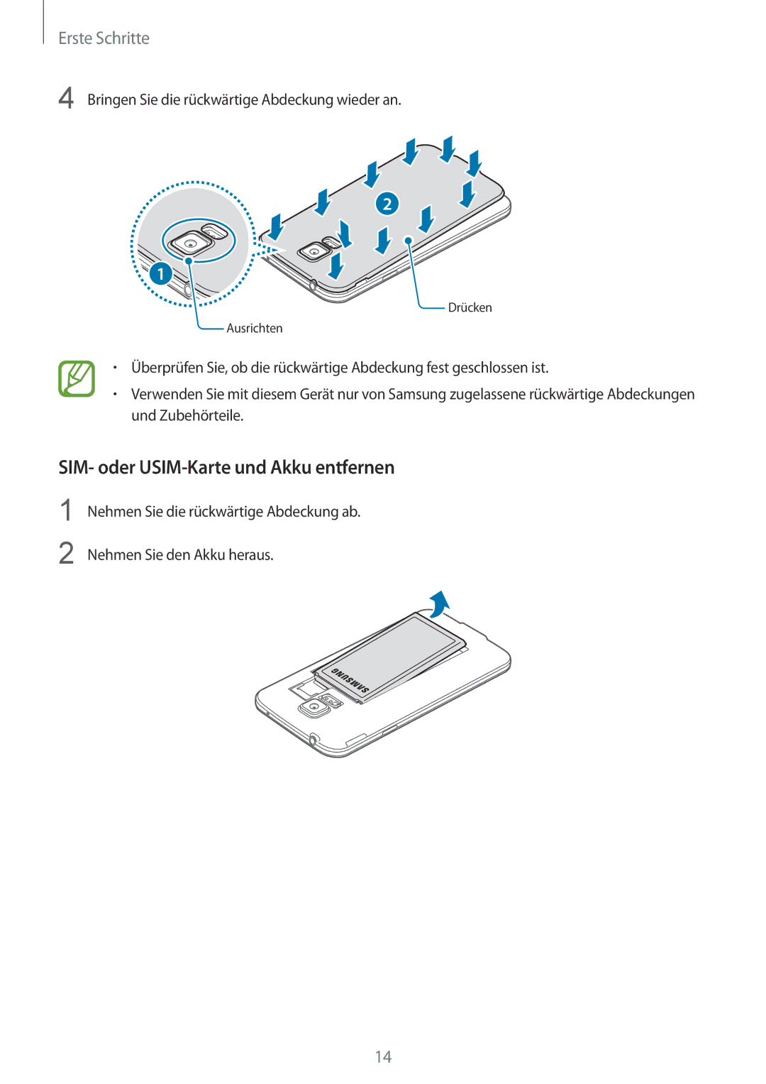 Samsung SM-G900FZWADBT, SM-G900FZKADBT, SM-G900FZBADBT, SM-G900FZDADBT manual SIM- oder USIM-Karte und Akku entfernen 