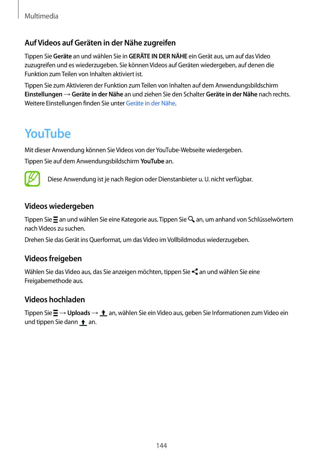 Samsung SM-G900FZKADBT manual YouTube, Auf Videos auf Geräten in der Nähe zugreifen, Videos wiedergeben, Videos freigeben 