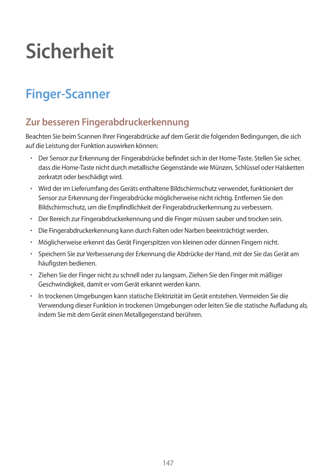 Samsung SM-G900FZDADBT, SM-G900FZKADBT, SM-G900FZBADBT manual Sicherheit, Finger-Scanner, Zur besseren Fingerabdruckerkennung 