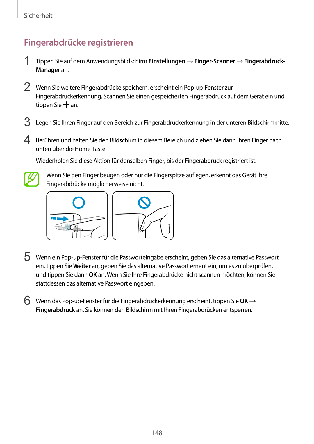 Samsung SM-G900FZKADBT, SM-G900FZBADBT, SM-G900FZWADBT, SM-G900FZDADBT manual Fingerabdrücke registrieren, Manager an 