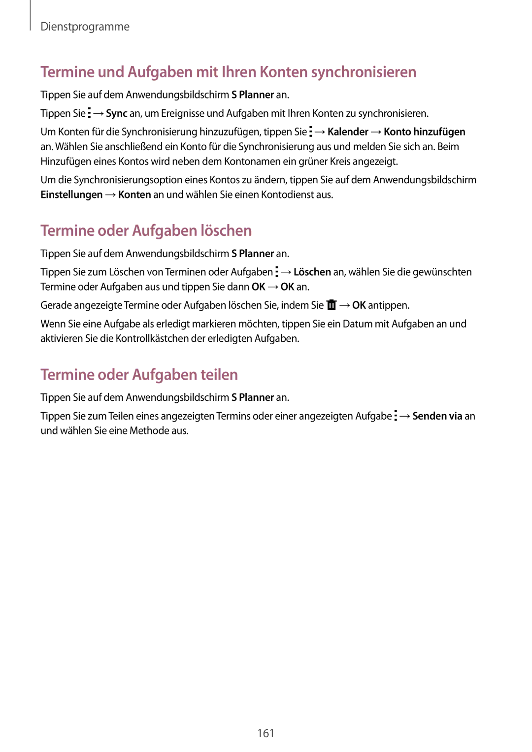 Samsung SM-G900FZBADBT manual Termine und Aufgaben mit Ihren Konten synchronisieren, Termine oder Aufgaben löschen 