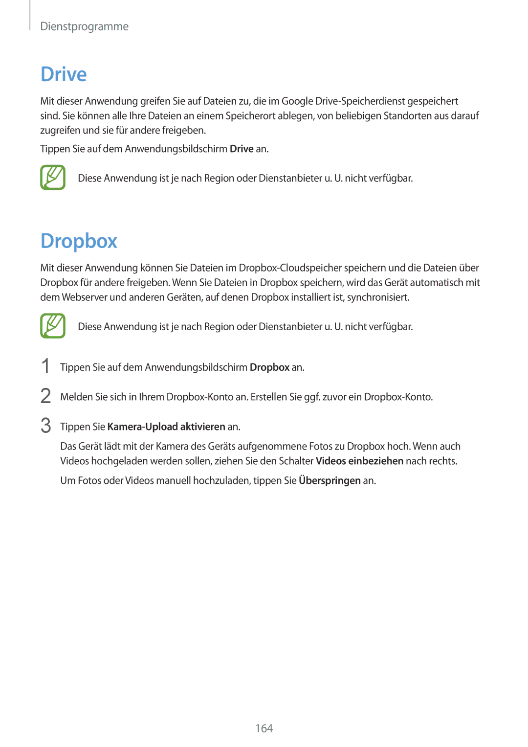Samsung SM-G900FZKADBT, SM-G900FZBADBT, SM-G900FZWADBT manual Drive, Dropbox, Tippen Sie Kamera-Upload aktivieren an 