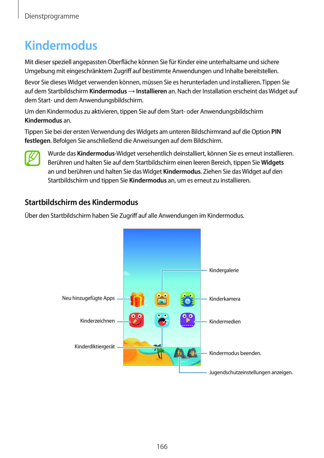 Samsung SM-G900FZWADBT, SM-G900FZKADBT, SM-G900FZBADBT, SM-G900FZDADBT manual Startbildschirm des Kindermodus 