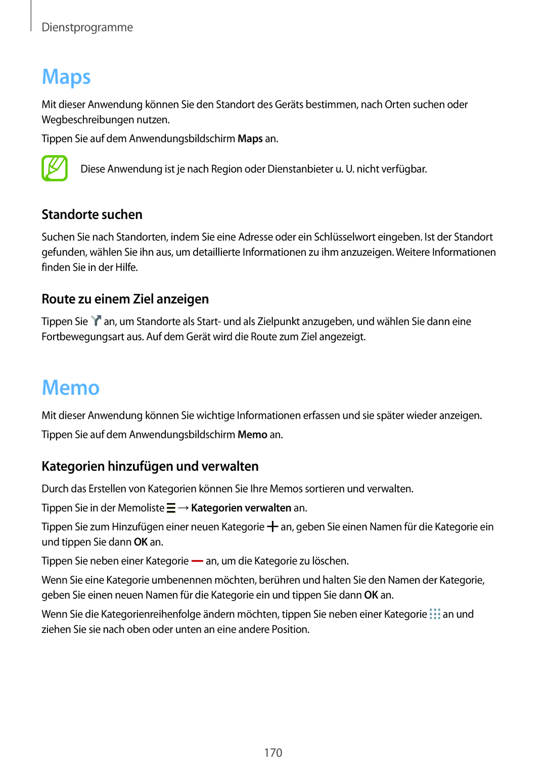 Samsung SM-G900FZWADBT Maps, Memo, Standorte suchen, Route zu einem Ziel anzeigen, Kategorien hinzufügen und verwalten 