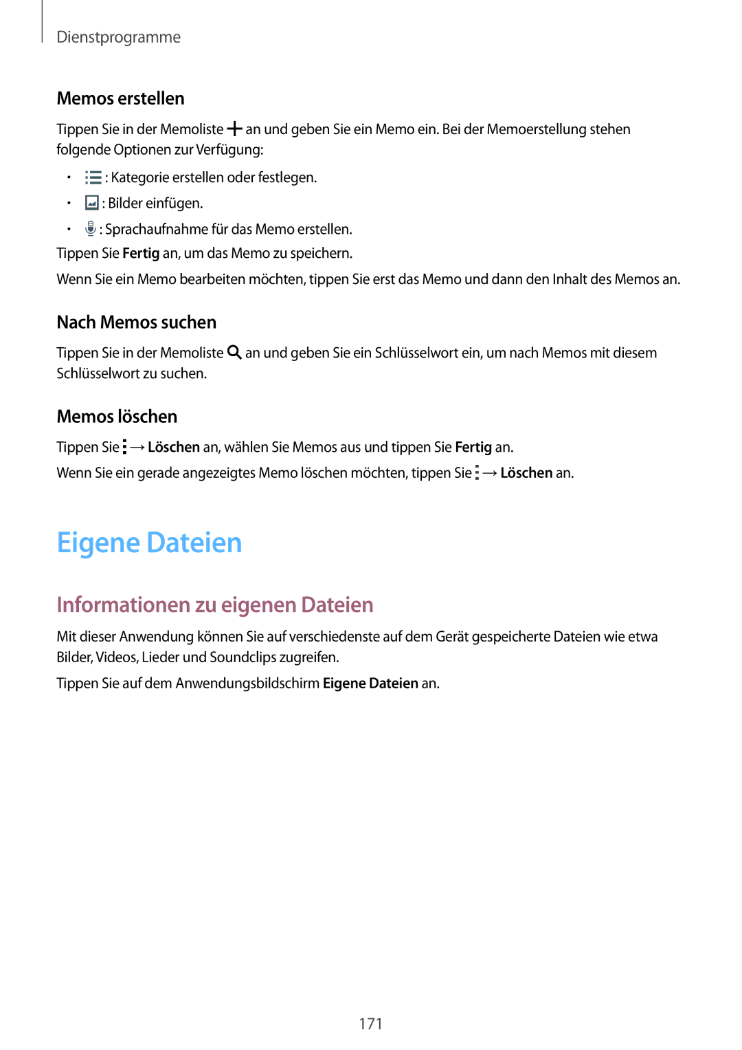 Samsung SM-G900FZDADBT Eigene Dateien, Informationen zu eigenen Dateien, Memos erstellen, Nach Memos suchen, Memos löschen 