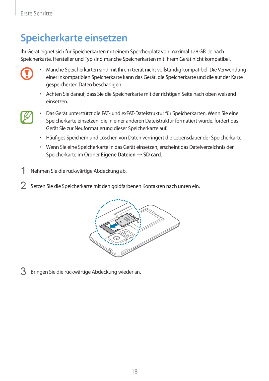 Samsung SM-G900FZWADBT, SM-G900FZKADBT, SM-G900FZBADBT, SM-G900FZDADBT manual Speicherkarte einsetzen 