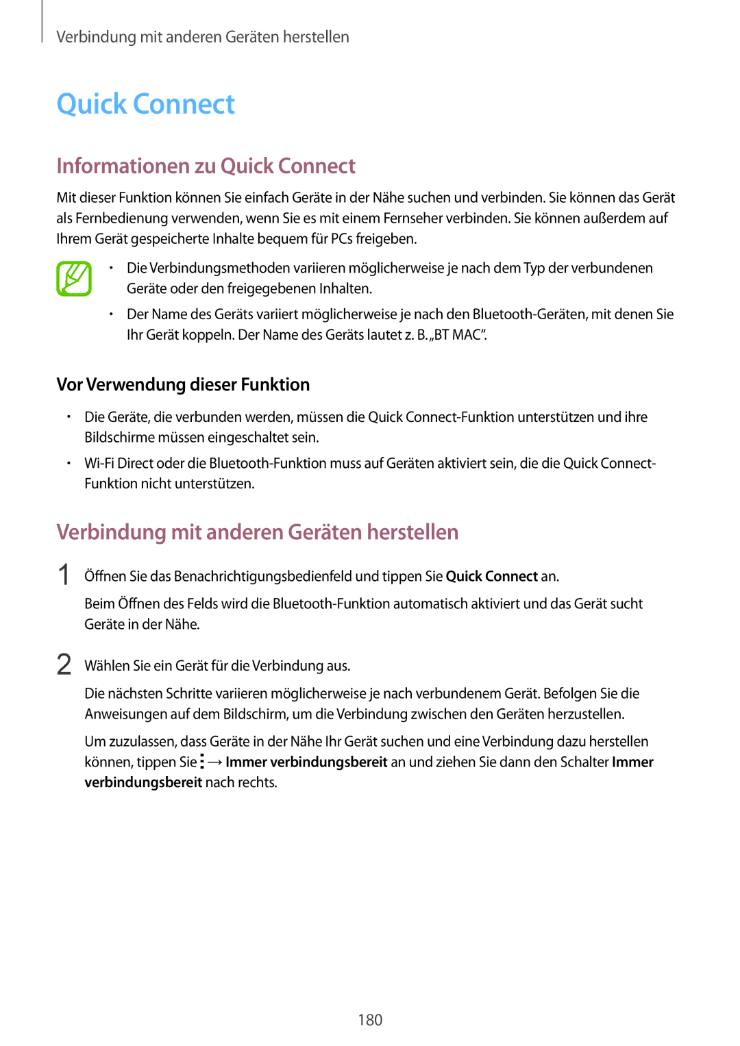 Samsung SM-G900FZKADBT, SM-G900FZBADBT manual Informationen zu Quick Connect, Verbindung mit anderen Geräten herstellen 