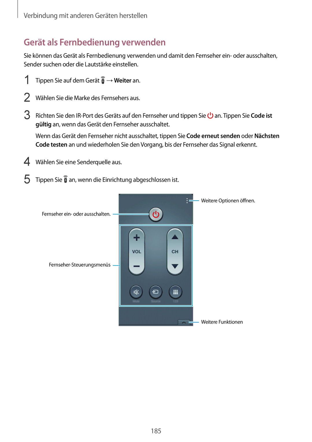 Samsung SM-G900FZBADBT, SM-G900FZKADBT, SM-G900FZWADBT, SM-G900FZDADBT manual Gerät als Fernbedienung verwenden 