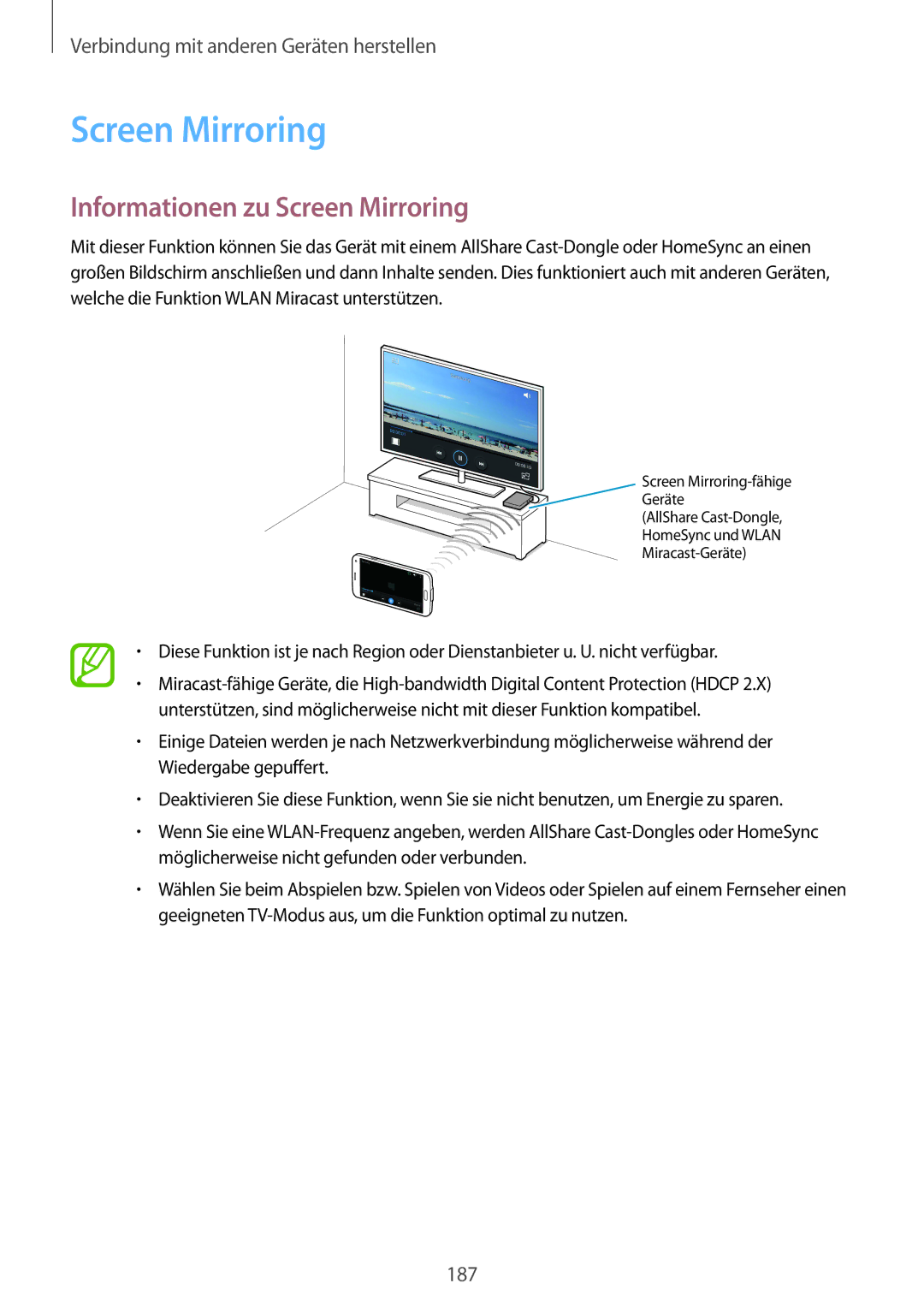 Samsung SM-G900FZDADBT, SM-G900FZKADBT, SM-G900FZBADBT, SM-G900FZWADBT manual Informationen zu Screen Mirroring 