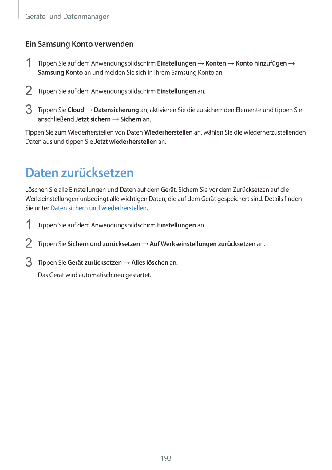 Samsung SM-G900FZBADBT, SM-G900FZKADBT, SM-G900FZWADBT, SM-G900FZDADBT manual Daten zurücksetzen, Ein Samsung Konto verwenden 