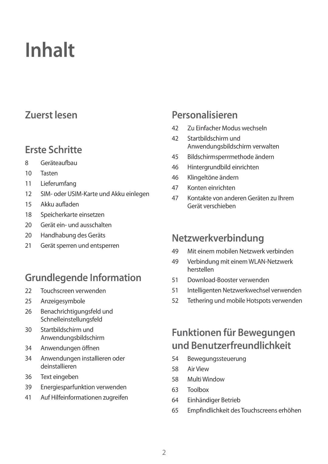 Samsung SM-G900FZWADBT, SM-G900FZKADBT, SM-G900FZBADBT, SM-G900FZDADBT manual Inhalt, Zuerst lesen Erste Schritte 