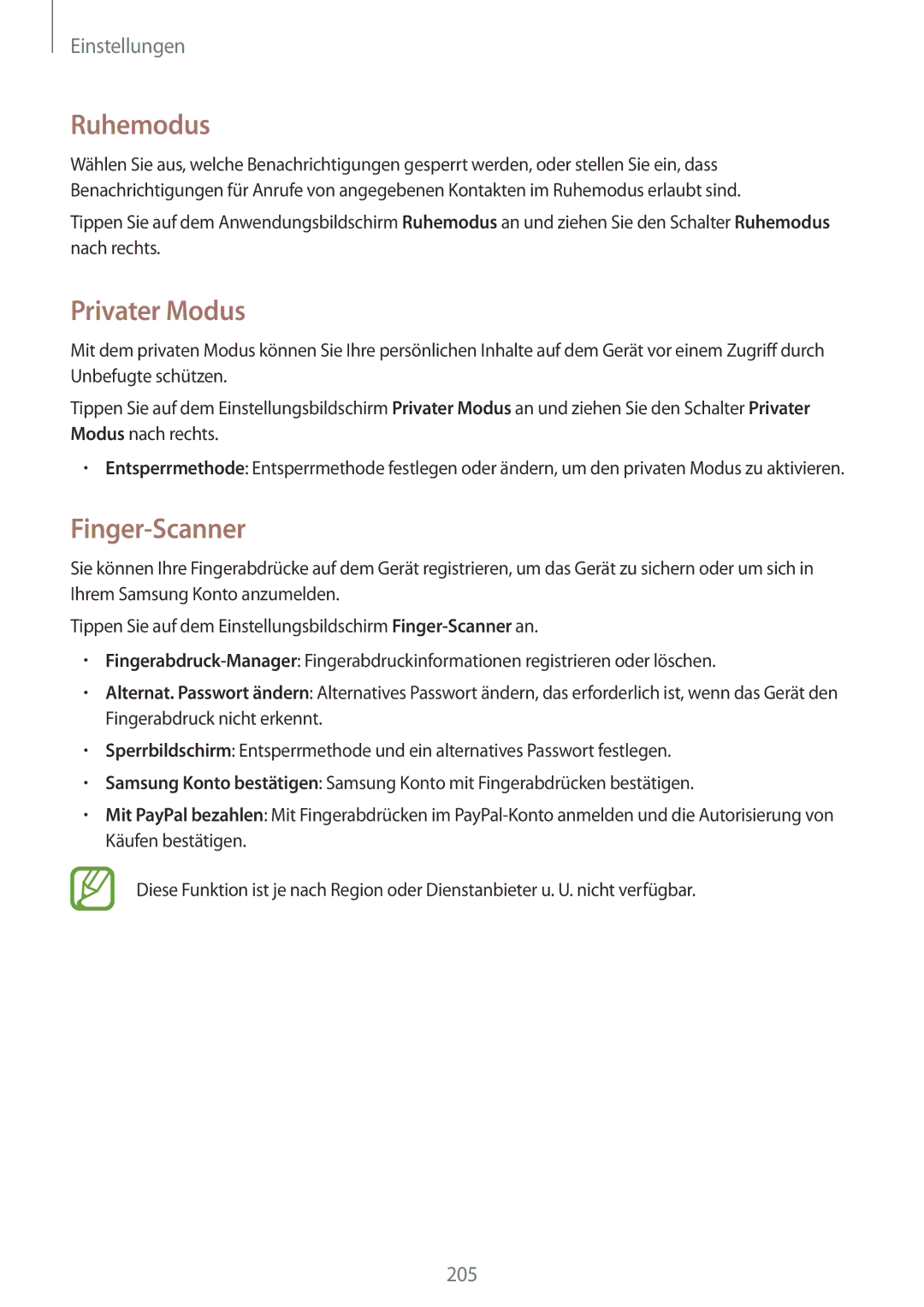Samsung SM-G900FZBADBT, SM-G900FZKADBT, SM-G900FZWADBT, SM-G900FZDADBT manual Ruhemodus, Privater Modus, Finger-Scanner 
