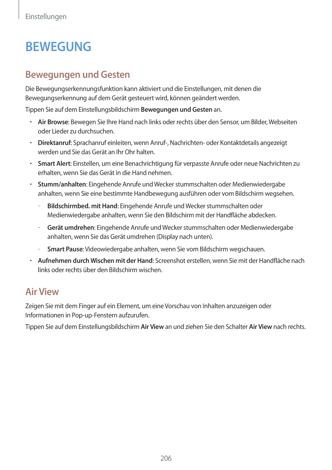 Samsung SM-G900FZWADBT, SM-G900FZKADBT, SM-G900FZBADBT, SM-G900FZDADBT manual Bewegungen und Gesten, Air View 