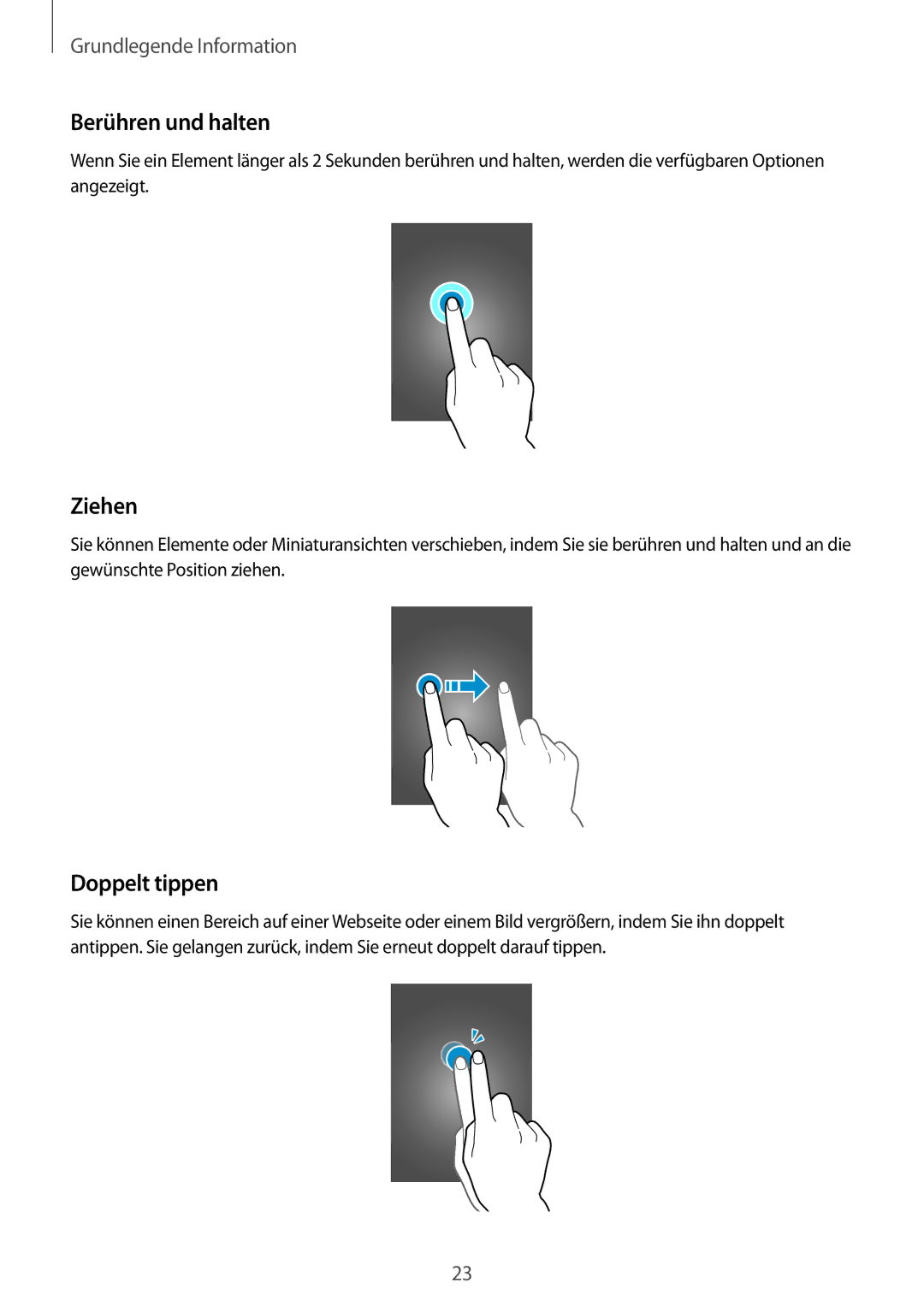 Samsung SM-G900FZDADBT, SM-G900FZKADBT, SM-G900FZBADBT, SM-G900FZWADBT manual Berühren und halten, Ziehen, Doppelt tippen 