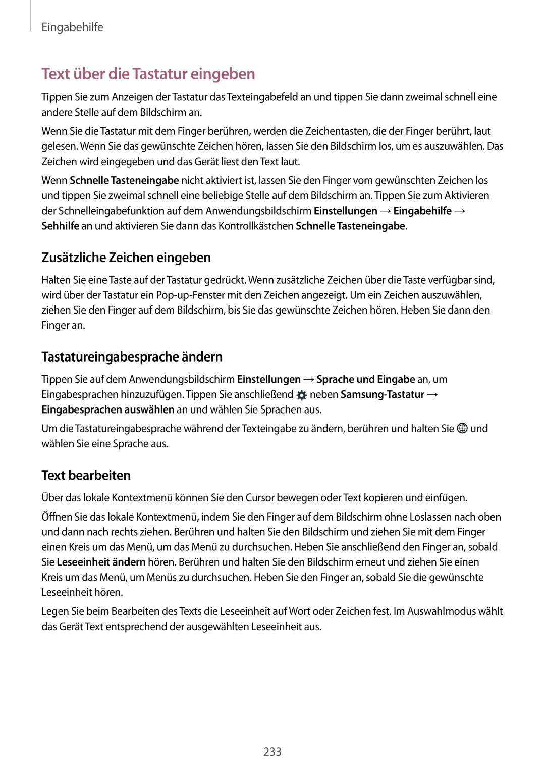 Samsung SM-G900FZBADBT manual Text über die Tastatur eingeben, Zusätzliche Zeichen eingeben, Tastatureingabesprache ändern 