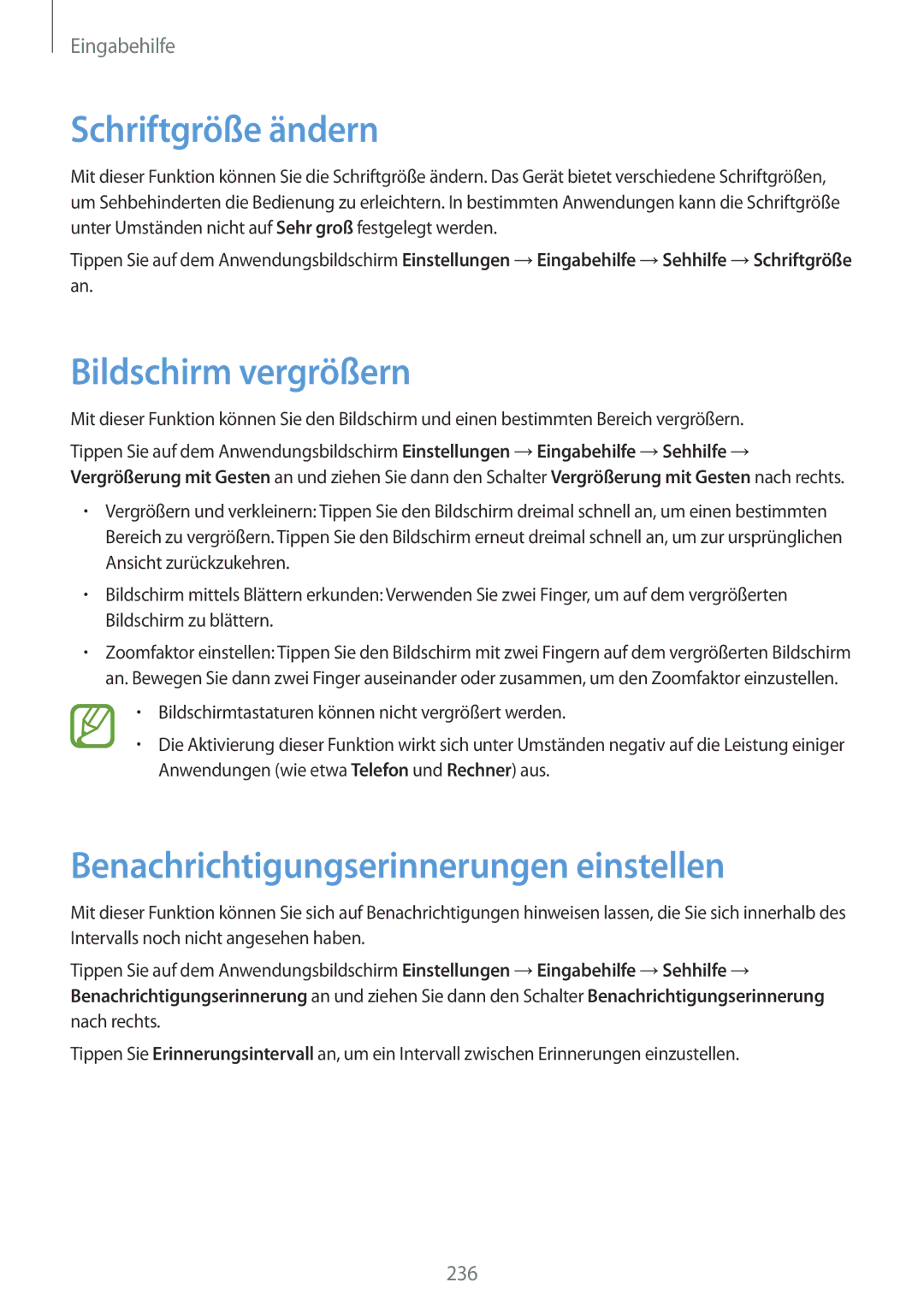 Samsung SM-G900FZKADBT manual Schriftgröße ändern, Bildschirm vergrößern, Benachrichtigungserinnerungen einstellen 