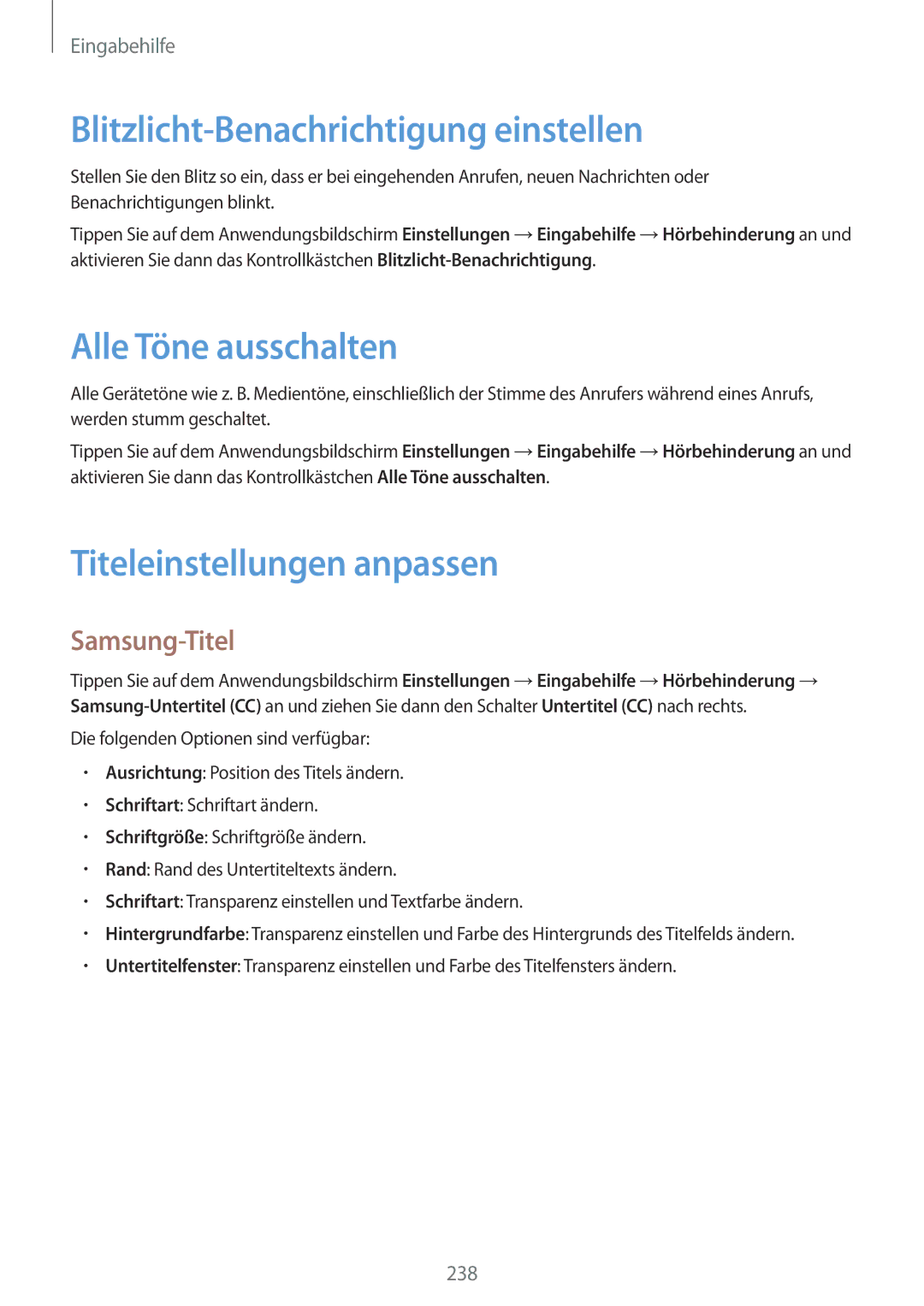 Samsung SM-G900FZWADBT manual Blitzlicht-Benachrichtigung einstellen, Alle Töne ausschalten, Titeleinstellungen anpassen 