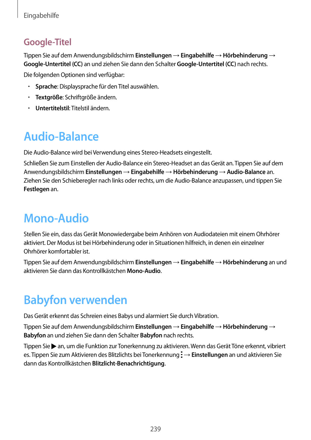 Samsung SM-G900FZDADBT, SM-G900FZKADBT, SM-G900FZBADBT manual Audio-Balance, Mono-Audio, Babyfon verwenden, Google-Titel 