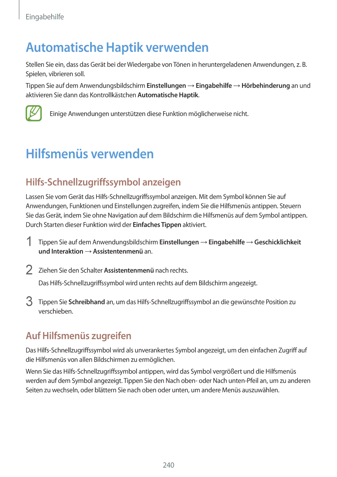 Samsung SM-G900FZKADBT manual Automatische Haptik verwenden, Hilfsmenüs verwenden, Hilfs-Schnellzugriffssymbol anzeigen 